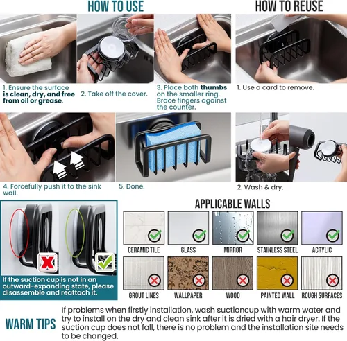 Vista 7 de TAILI Organizador de fregadero con ventosa fuerte, soporte de esponja para organizador de fregadero de cocina, soporte de esponja de aluminio