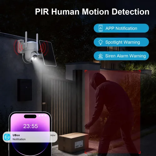 Vista 4 de Cámara de seguridad inalámbrica para exteriores, cámaras inalámbricas remotas PTZ de 360° para seguridad del hogar alimentadas por energía solar