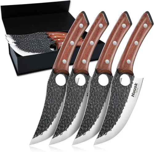 Vista 7 de Huusk Juego de 2 cuchillos vikingos japoneses para cortar carne, cuchillos forjados a mano con mango de madera, cuchillos japoneses de acero de alto