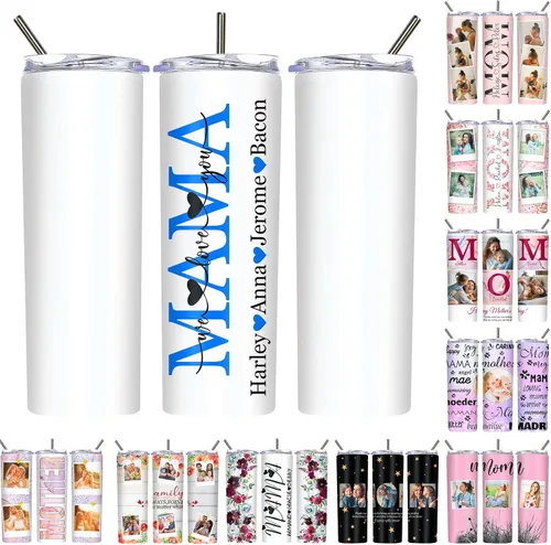 Vista 18 de Regalos para el Día de la Madre, vaso personalizado con foto de mamá, vasos delgados con tapa de nombre y pajita, 20 onzas, taza de café de viaje