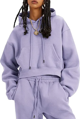 Vista 13 de Kissonic Conjunto deportivo de forro polar para mujer, 2 piezas, sudadera con capucha y pantalones deportivos
