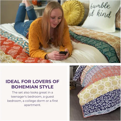 Vista 6 de Lush Decor - Juego de ropa de cama de 3 piezas, colorido diseño bohemio a rayas, reversible
