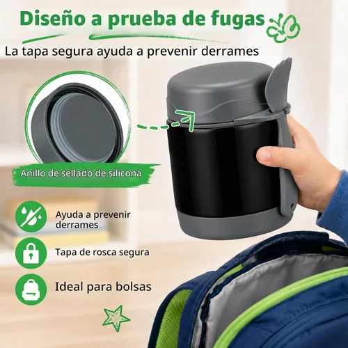 Vista 4 de Termo de sopa de 10 onzas para comida caliente para niños, tarro de comida aislado, contenedor térmico de almuerzo de comida caliente, caja de Negro