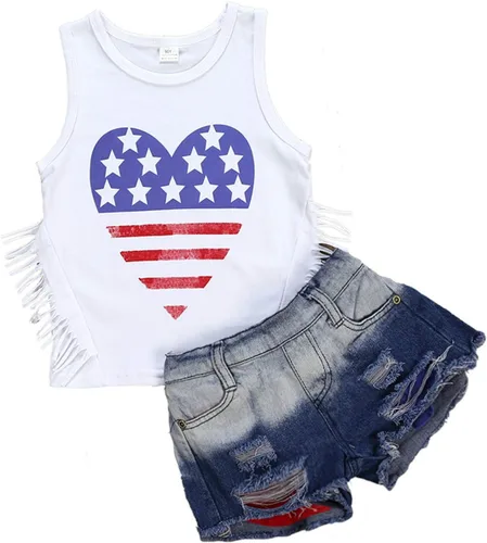 Vista 8 de LYSMuch Conjunto de ropa de verano con estampado de béisbol para niñas pequeñas, camiseta y pantalones con borlas