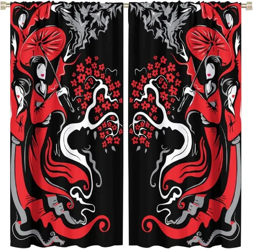 Vista 21 de Cortinas de estilo japonés, Kyoto Geisha Girls Asian Ink Painting - Cortinas de tela de poliéster con estampado de Japón antiguo para dormitorio