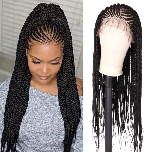 Vista 13 de Alebery Pelucas Trenzadas de Caja Bohemias Sin Nudos de Encaje Frontal HD 13X8 para Mujeres Negras Pelucas de Trenzas de Caja Bohemias con Rizos