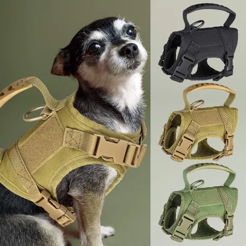 Vista 8 de Chaleco táctico de nailon ajustable para perro, cómodo chaleco acolchado de malla con hebilla de liberación rápida y mango de goma para perros
