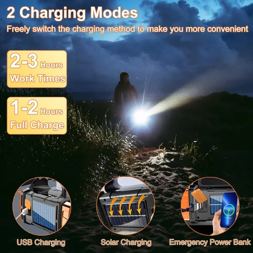 Vista 2 de Linternas solares de mano con luz lateral COB, 8 modos de luz LED recargable con cable USB, reflector LED portátil para camping, emergencias, caza