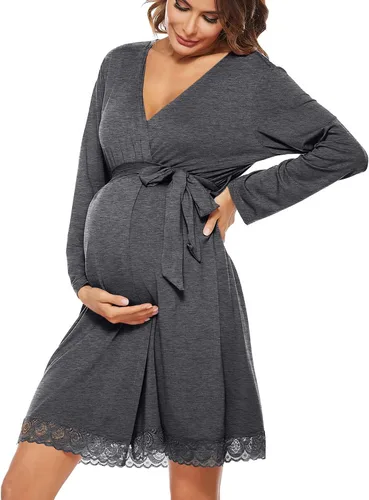 Vista 9 de SWOMOG Women's Maternity Nursing Robe Pregnancy Breastfeeding Bathrobes 3 in 1 Labor Delivery Nightgown Negro (Long Sleeve-Black)
