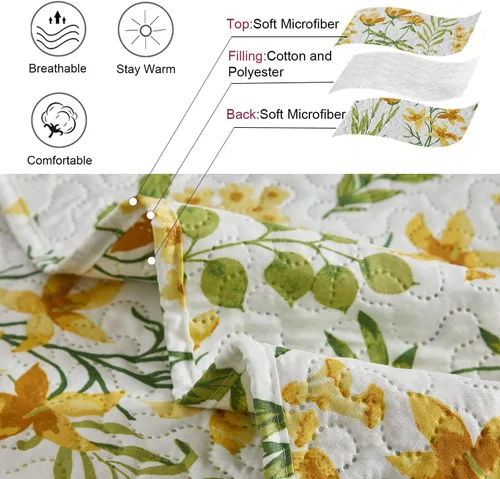 Vista 4 de Ycosy Juegos de Edredón Floral Tamaño Twin Reversible Colchas Cubrecamas de Campo Ligeras Edredón de Flores Amarillas Ropa de Cama Hojas Verdes