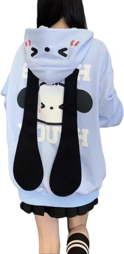 Vista 4 de Sudadera japonesa Kawaii con cremallera y orejas largas para mujer, suéter suelto casual con capucha para estudiante