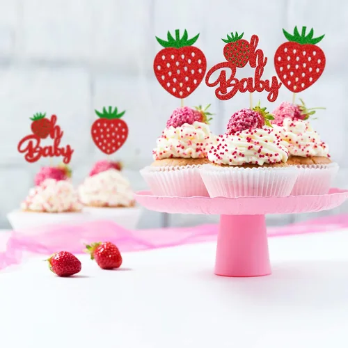 Vista 4 de 24 piezas de decoración de cupcakes con purpurina de fresa Oh Baby con temática de frutas, baby shower, para revelación de género, baby shower