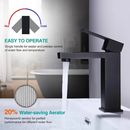 Vista 5 de Grifo de lavabo de baño de una sola manija, color negro mate, grifo de baño de acero inoxidable con mangueras de suministro de agua certificadas por
