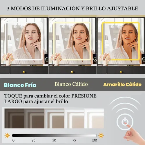 Vista 4 de Escritorio de tocador de maquillaje con espejo iluminado HD y toma de corriente, juego de mesa de tocador con parte superior de vidrio con cajones