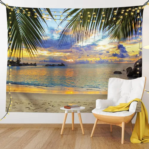 Vista 9 de Lunarable Tapiz costero, puesta de sol en la playa, palmeras del océano retumbante, imagen de lugares de viaje, decoración de tela para colgar