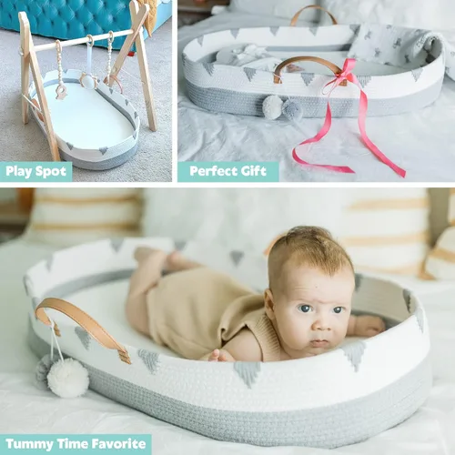 Vista 5 de Vesta Baby Cesta cambiadora de moisés de cuerda de algodón tejida, portátil, para cuarto de bebé, con almohadilla de espuma suave y 2 fundas