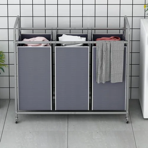 Vista 2 de LINZINAR Clasificador de ropa sucia de 3 bolsas, carrito de lavandería con ruedas enrollables resistentes y bolsas extraíbles (gris) Laundry Room