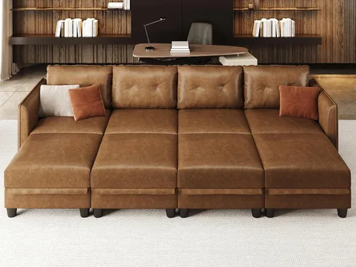 Vista 11 de LLappuil Sofá cama modular modular con almacenamiento, sofás de piel sintética de 6 plazas para sala de estar, color marrón