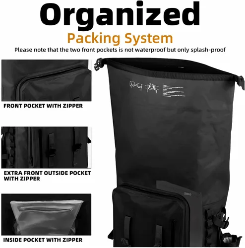 Vista 6 de MORXPLOR Mochila impermeable, mochila de senderismo resistente, cierre superior enrollable de 35L/55L con tapa, bolsa seca flotante acolchada Negro