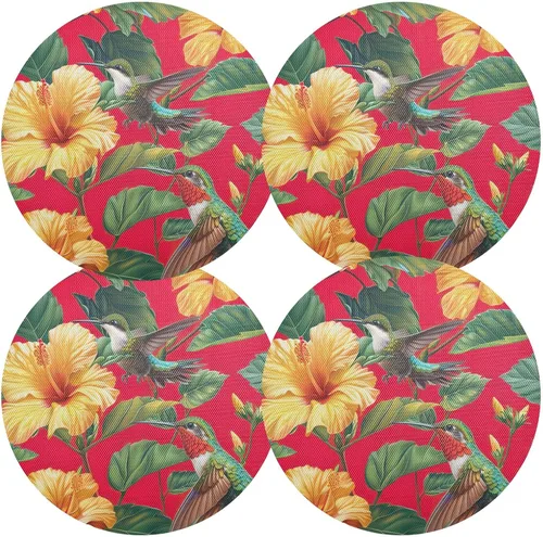 Vista 2 de Manteles individuales de color rojo vibrante con colibríes verdes, manteles individuales a prueba de calor, manteles individuales antideslizantes