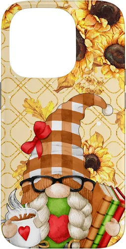 Vista 17 de Sunflower Gnome with Books for Tea Lover Librarian Reading Case for iPhone 16