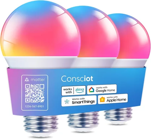 Vista 11 de Consciot Bombillas inteligentes, bombilla Bluetooth equivalente a 60 W, 1 Bombilla LED WiFi que cambia de color, bombillas A19 E26 RGBTW que