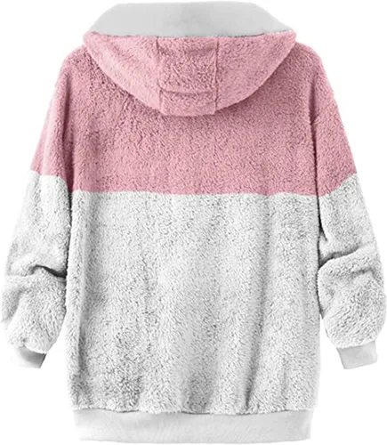 Vista 7 de Abrigo de lana de cordero en contraste para mujer, acolchado de moda para otoño e invierno, holgado, de felpa, resistente al viento, con capucha