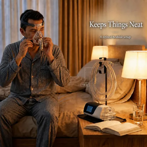 Vista 2 de Soporte de manguera CPAP para máscara y soporte colgador de tubo para mesita de noche CPAP - Suministros para estera CPAP para organizador de mesita