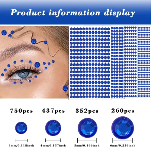 Vista 2 de Calcomanías de gemas de 4 tamaños, 3/4/5/0.236 in, calcomanías de diamantes de imitación autoadhesivas para maquillaje, gemas para la cara, joyas