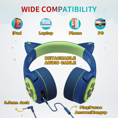 Vista 8 de Riwbox CF9 - Auriculares Bluetooth para niños con luz LED, límite de volumen seguro de 85 dB, micrófono integrado y micrófono Boom para llamadas
