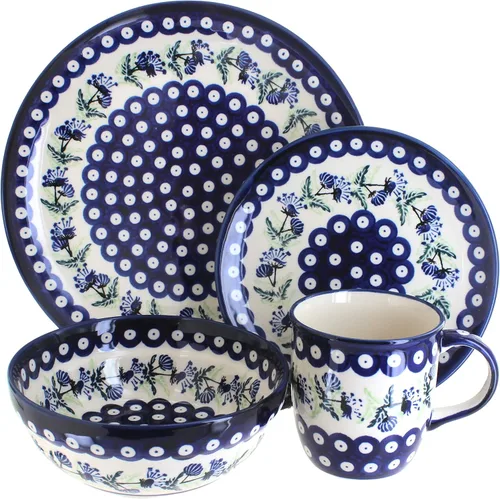 Vista 3 de Cerámica polaca de rosas azules, juego de vajilla de 16 piezas con diseño de mariposa floral roja, 4 lugares, ideal para cenas diarias, comidas