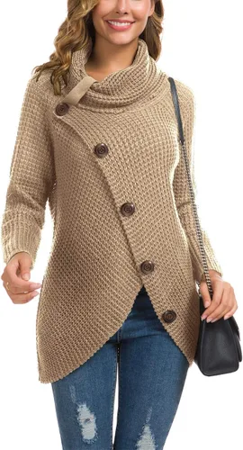 Vista 3 de GRECERELLE - Suéter de color sólido, sin botones funcionales, grueso, con botones decorativos para mujer, suéter de punto con cuello alto