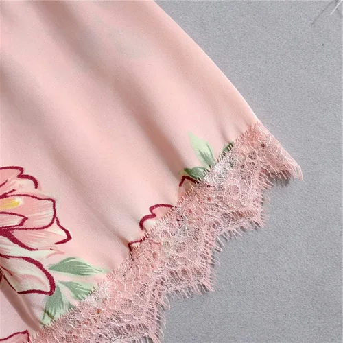 Vista 6 de NSQFKALL Pijama de satén de seda para mujer, conjunto de ropa de dormir, ropa de dormir, bata de vestir con cuello en V, bata sexy de encaje, rosa 2