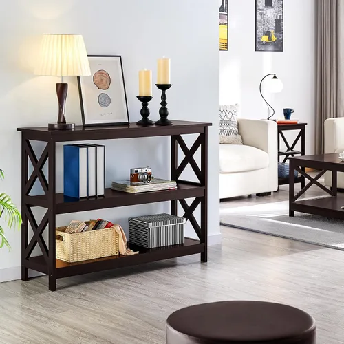 Vista 2 de Topeakmart Consola de 3 niveles y mesa de sofá con almacenamiento, mesa de entrada larga estrecha para espacios pequeños, estantería