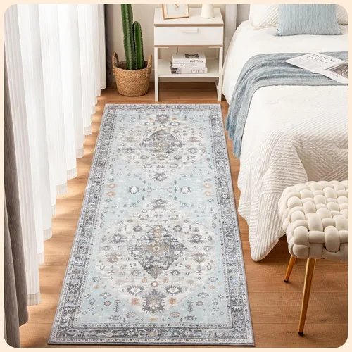 Vista 129 de Istana Alfombra larga antideslizante de 2.5 x 8 para el hogar, para pasillo y cocina, lavable, sedosa y suave al tacto, elegante, color azul y marfil