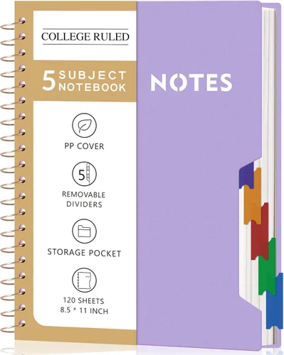 Vista 18 de CAGIE Cuadernos de espiral para trabajo escolar con pestañas divisorias extraíbles, cuaderno de 5 materias de 8.5 x 11 pulgadas, a rayas