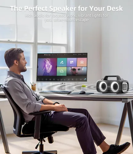 Vista 7 de Altavoz Bluetooth portátil inalámbrico, sonido fuerte de 140 W de pico con 2 subwoofers y refuerzo de graves, altavoz impermeable para exteriores