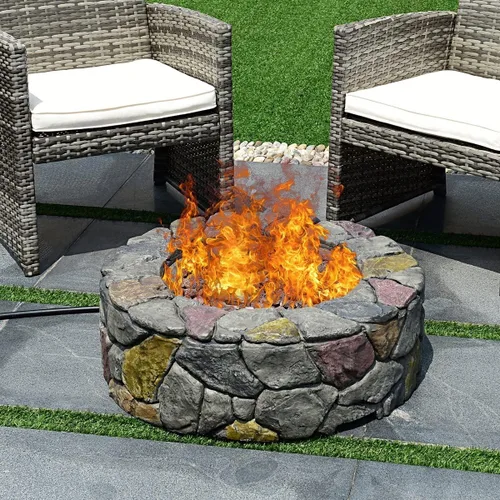 Vista 2 de Happygrill Fogata de gas propano para exteriores, patio trasero, fogata de piedra artificial, quemador de gas con cubierta
