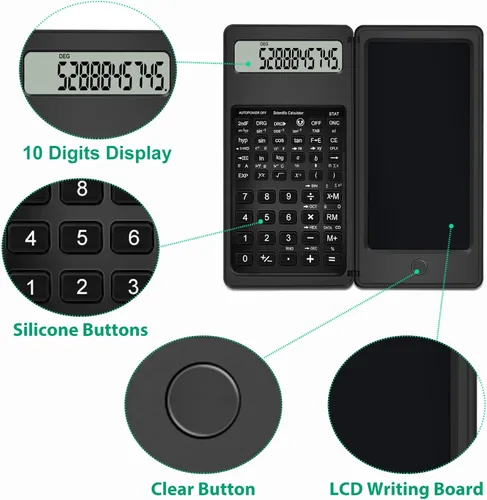 Vista 3 de Calculadora científica con bloc de notas, pantalla LCD de 10 dígitos, calculadora científica plegable, calculadora portátil con tableta de escritura