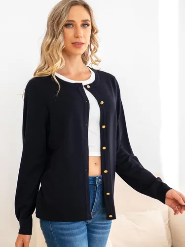 Vista 5 de SHADOW & SKY Suéter de punto de manga larga con cuello redondo para mujer, con botones, clásico, color liso, suave