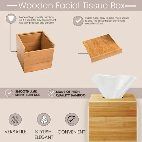 Vista 6 de Performore Funda cuadrada de bambú para caja de pañuelos, elegante soporte de papel facial de madera resistente al agua para baño, escritorio
