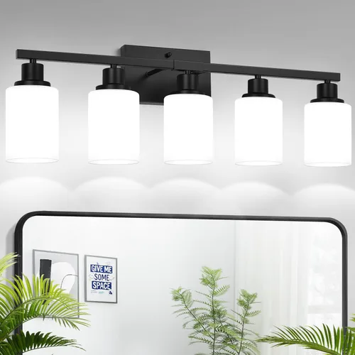 Vista 27 de MOKATNG Juego de 2 apliques de pared para baño, luces de tocador modernas negras con pantalla de vidrio blanco, lámpara de pared de baño