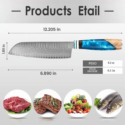 Vista 4 de Kuwata - Cuchillo Santoku profesional, cuchillo de cocina japonés de acero VG10 damasquinado, mango ergonómico de madera para chef, cuchillos
