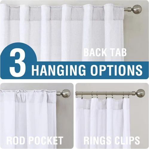 Vista 3 de H.VERSAILTEX Cortinas de lino natural de 63 pulgadas de largo para sala de estar, 2 paneles con pestañas traseras, bolsillo loop texturizado Blanco