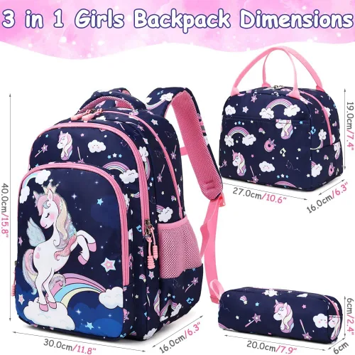 Vista 15 de Juego de mochila para niñas y adolescentes, mochila escolar para niños con bolsa para el almuerzo, estuche para lápices, mochilas escolares