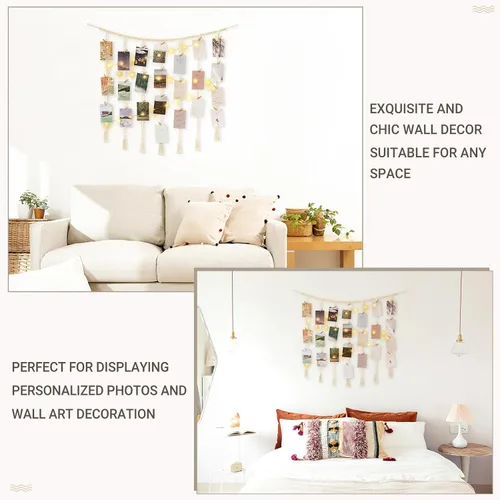 Vista 2 de Mkono - Expositor de fotos colgante de macramé para decoración de pared con luces de cadena, collar de cuentas de madera estilo boho, marco