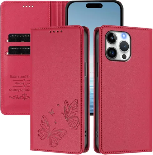 Vista 3 de Butterfly Embossed Leather Wallet Flip Case for Motorola Moto E22i 4G, Magnetic Closure, RFID Blocking Cover, Card Holder Red.