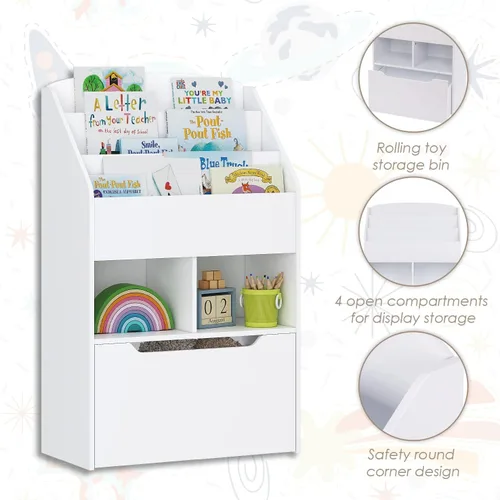 Vista 7 de UTEX Estantería para niños con caja de juguetes móvil, estante para libros y almacenamiento de juguetes, estante de exhibición de libros para niños