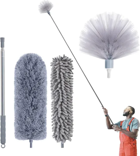 Vista 8 de IVYROLL Plumero con poste de extensión para limpieza (kit de 2 cabezales de microfibra), plumero de plumas de 100 pulgadas de largo para techos