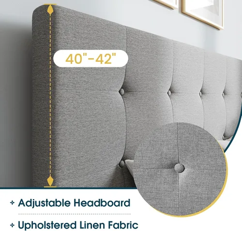 Vista 4 de WEEWAY Base de cama de plataforma tamaño Queen con 4 cajones de almacenamiento, cabecera capitonada con botones de puntada cuadrada, base de colchón